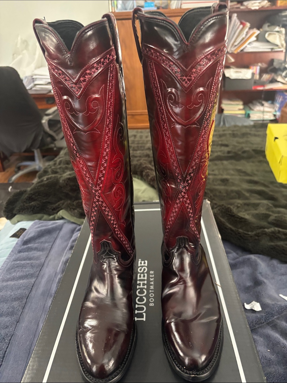 Lucchese Tall Red-Burgundy Leather Embroidered Western Boots